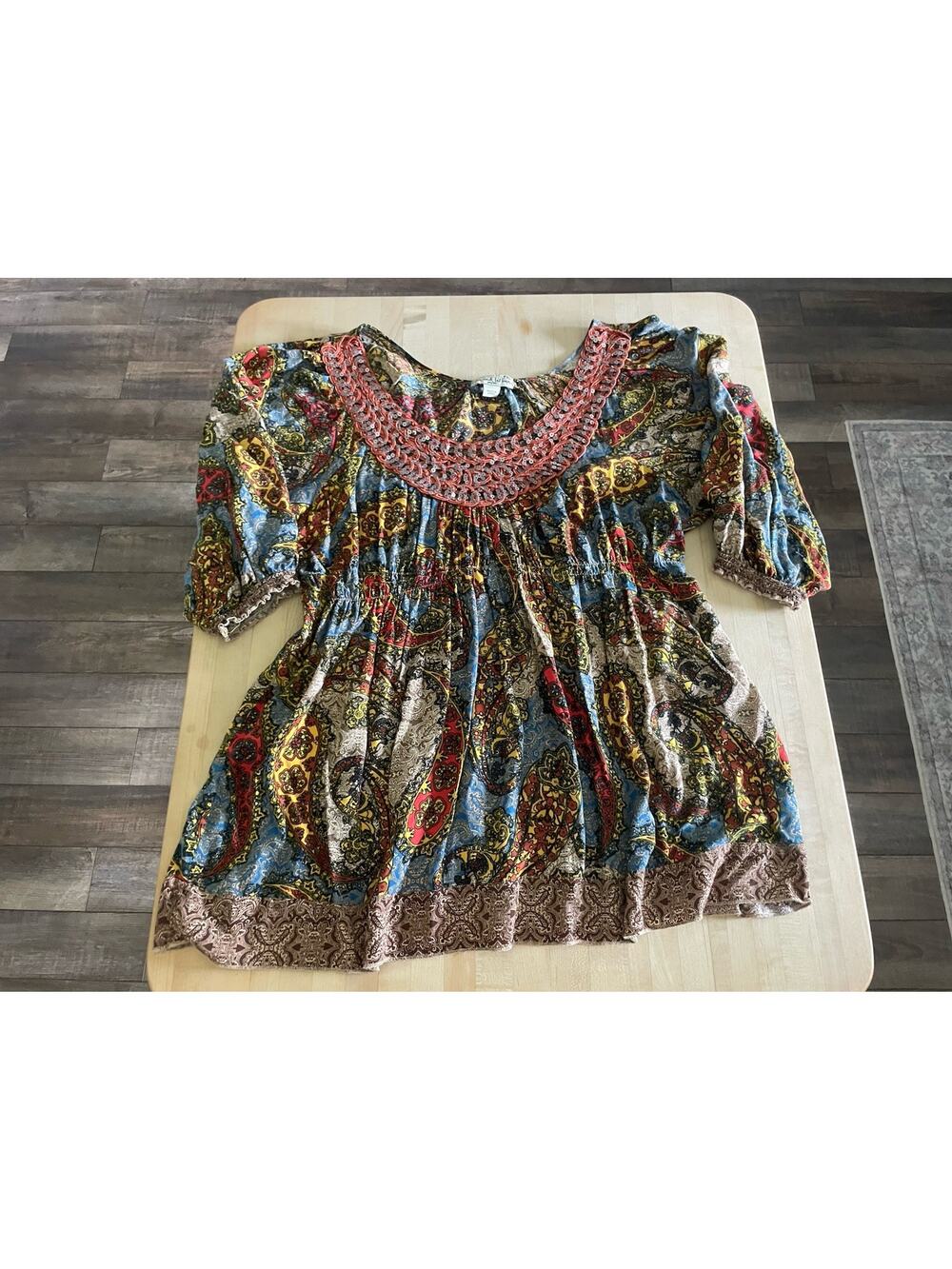 Live & Let Live Boho Peasant Baby Doll Top Sequined Neck Paisley Festival XLP